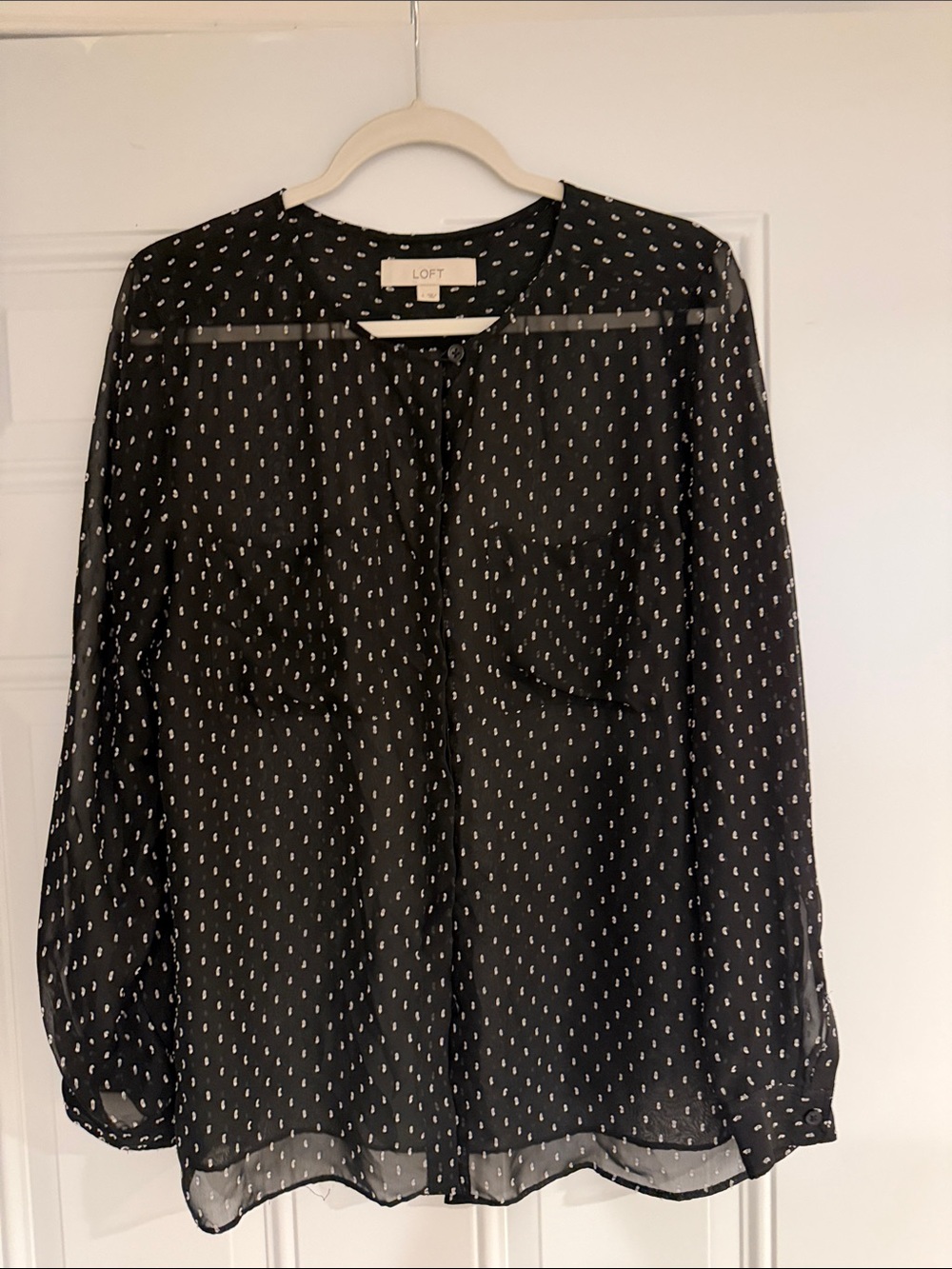 LOFT Black Blouse with White Dot Print LG